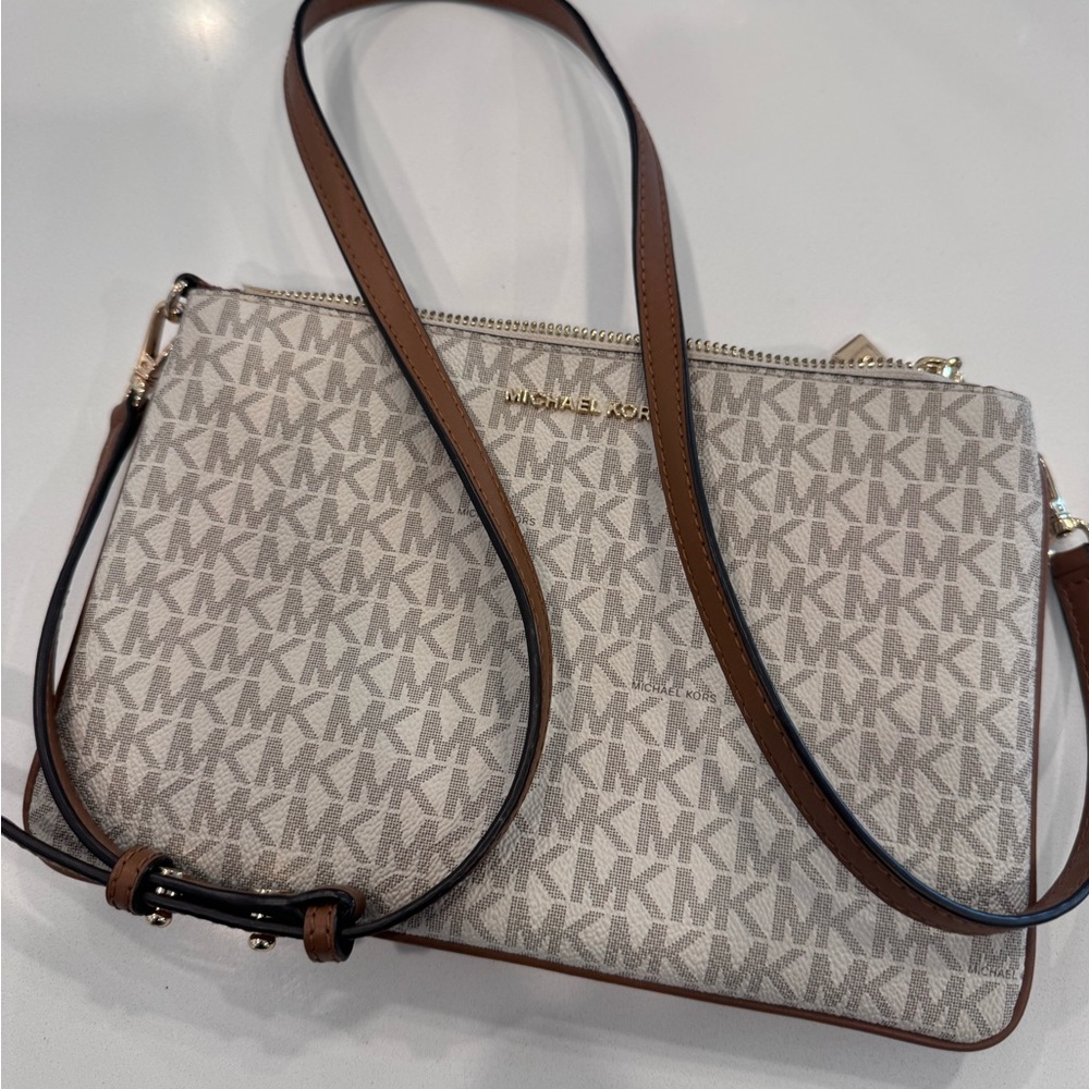 Michael Kors Monogram Crossbody Bag in Cream and Brown